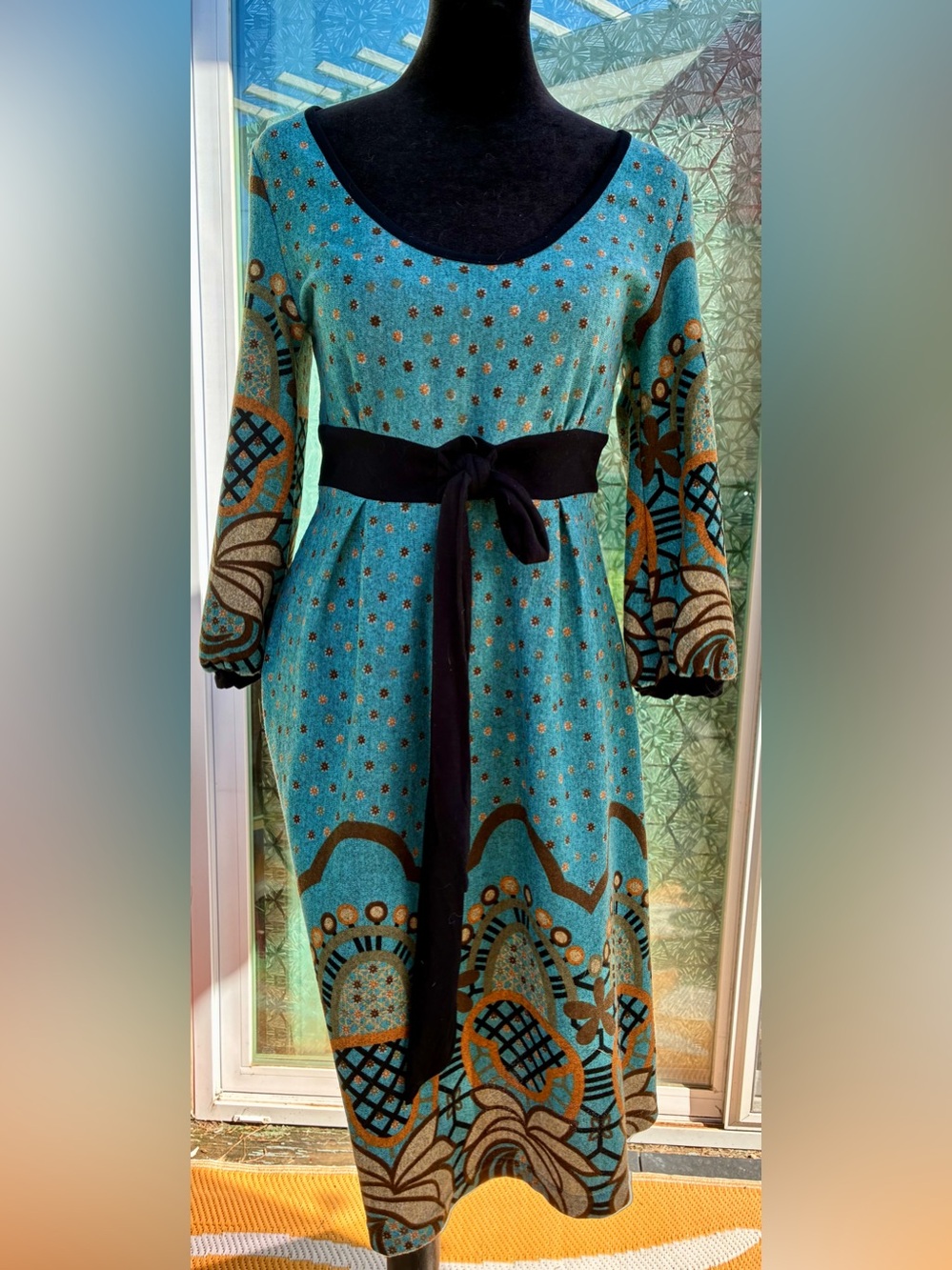 Turquoise Patterned 3/4 Sleeve Faux Belted lightweight Sweater Dress Size Small
